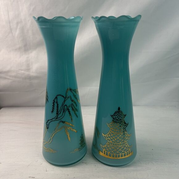 Pair Vintage Bartlett Collins Atomic Age Glass 9" Vase Blue Gold Asian Pagoda - Picture 2 of 7